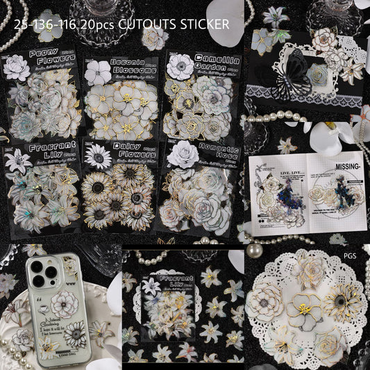 Black and White Golden Flower Cutout Sticker - 20 Pcs