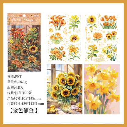 Golden Flower Mystery Bloom Sticker Sheet - 4 Pcs