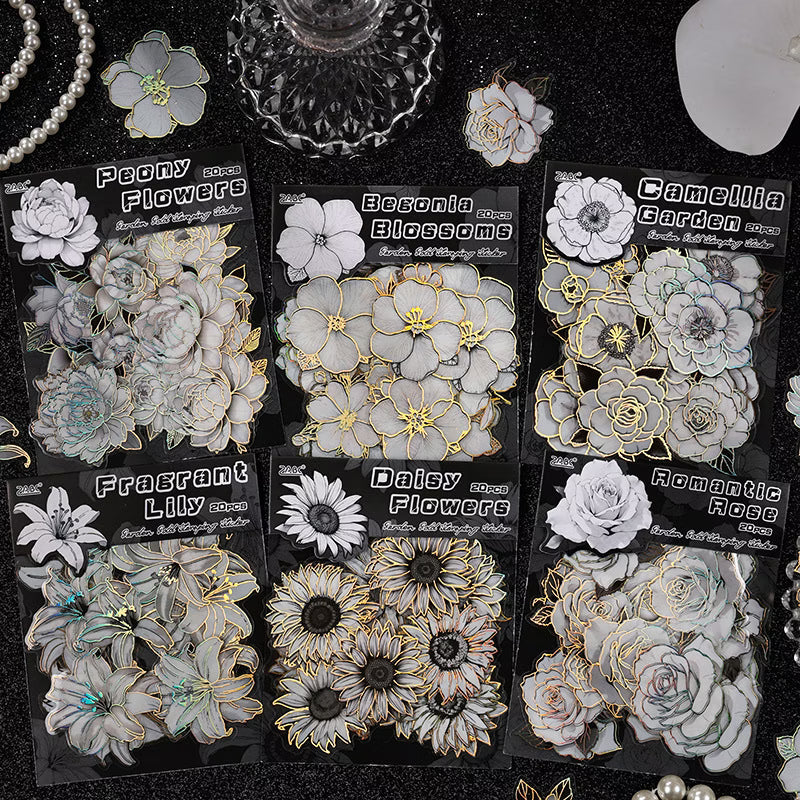 Black and White Golden Flower Cutout Sticker - 20 Pcs