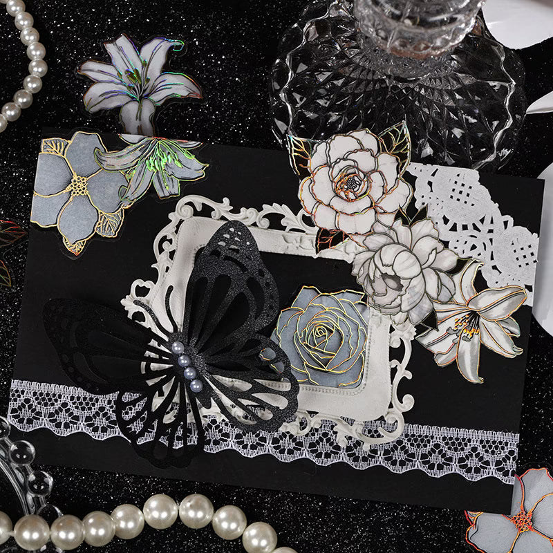 Black and White Golden Flower Cutout Sticker - 20 Pcs