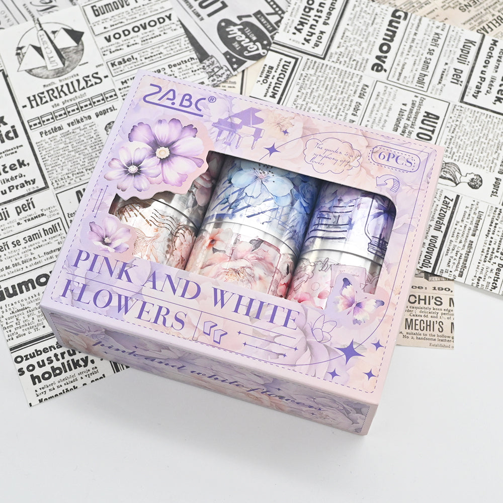Pink and White Flowers sticker Tape roll - 6 Pcs