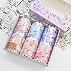 Pink and White Flowers sticker Tape roll - 6 Pcs