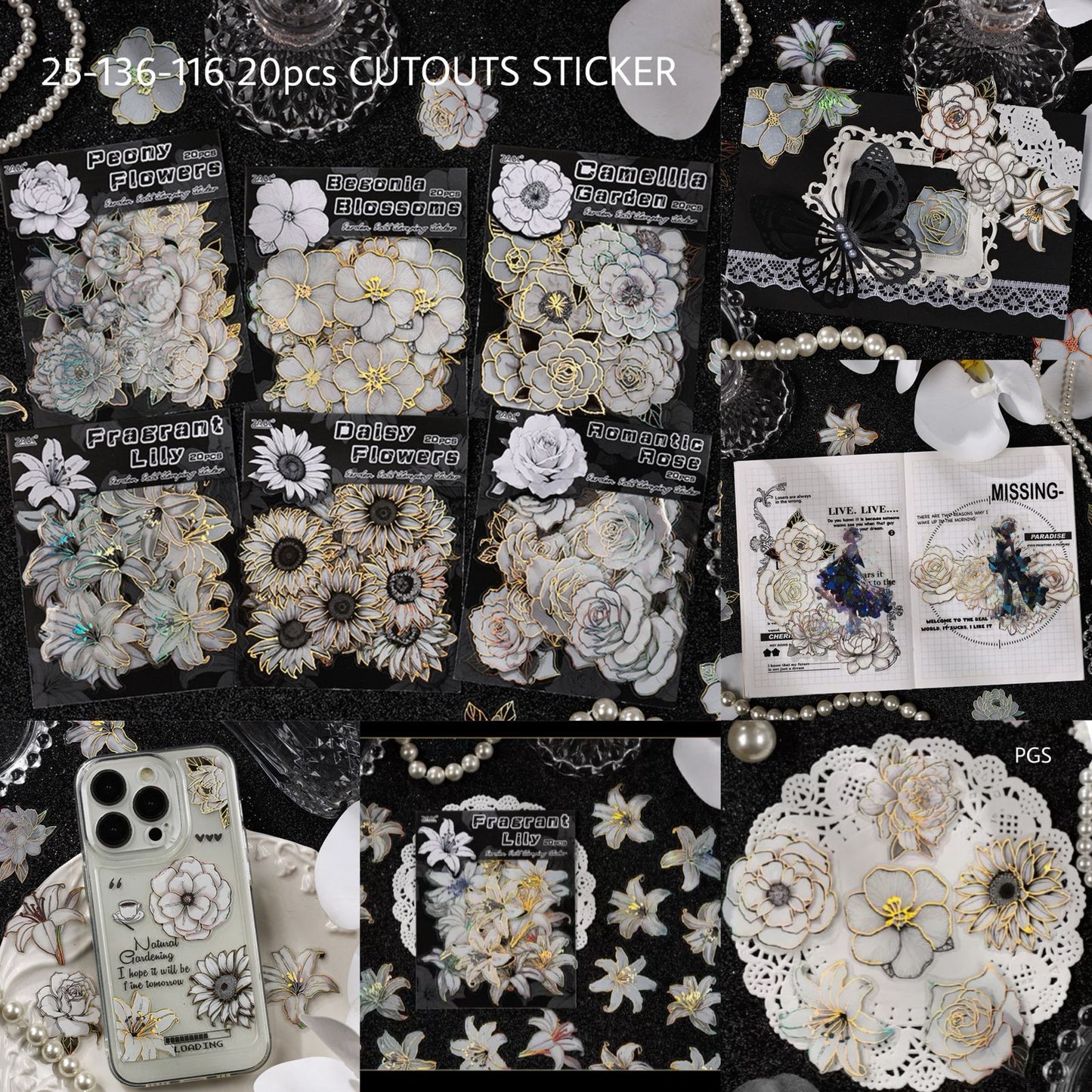 Black and White Golden Flower Cutout Sticker - 20 Pcs