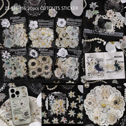 Black and White Golden Flower Cutout Sticker - 20 Pcs